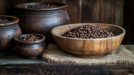 cup coffee beans wooden  minimal. A rustic arrangement of wooden bowls filled with dark coffee beans, set against a textured wooden background, evoking a warm, inviting atmosphere.