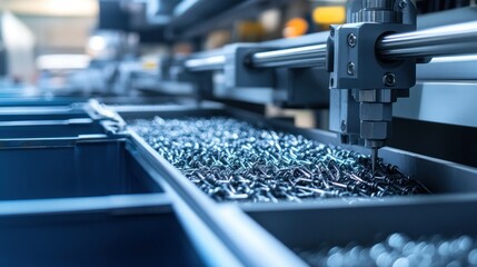 Obraz premium Nail and screw production line, metal wires drawn and cut at high speed, bins filling with shiny fasteners