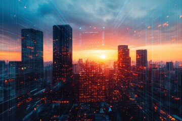 Fototapeta premium Futuristic city skyline at sunset with digital overlay.