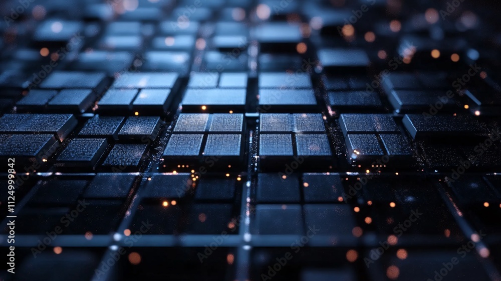 Poster Futuristic microchips grid creating complex technological network illuminated by orange lights