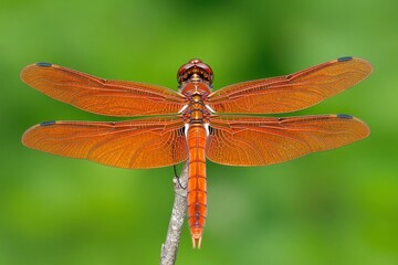 A close-up of a dragonfly perched on a twig, its vibrant red body standing out against the lush green background