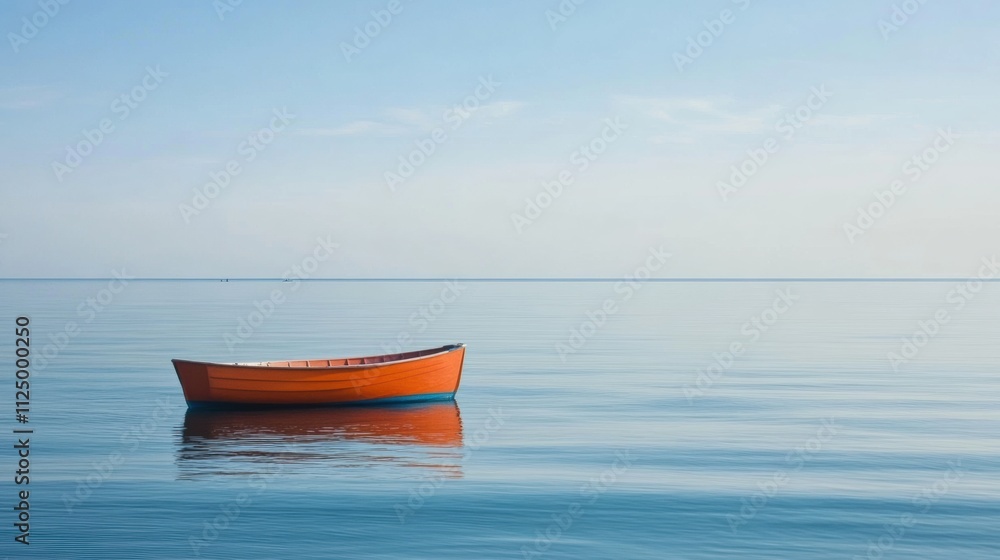 Poster a brightly colored boat floats quietly on still waters during early morning, offering a serene atmos
