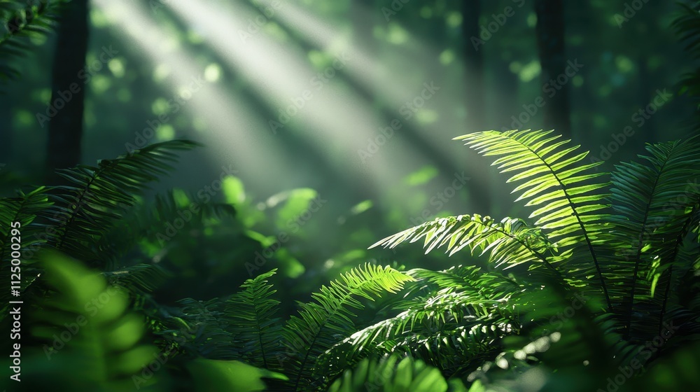 Poster a serene forest scene showcasing vibrant ferns illuminated by soft rays of sunlight filtering throug