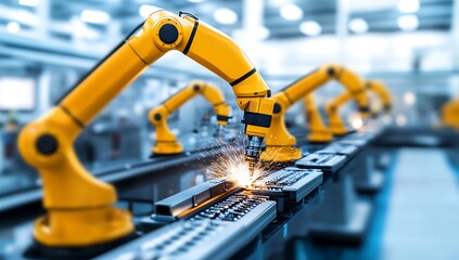 Color photo of a robot arm welding metal parts on the production line in an industrial factory.AI GENERATED