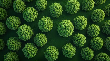 A top-down view of dense, vibrant green bushes or trees, creating a lush, natural landscape filled with various shades of greenery.