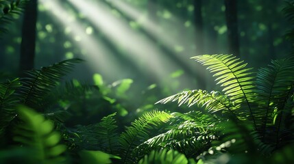 A serene forest scene showcasing vibrant ferns illuminated by soft rays of sunlight filtering through the trees.