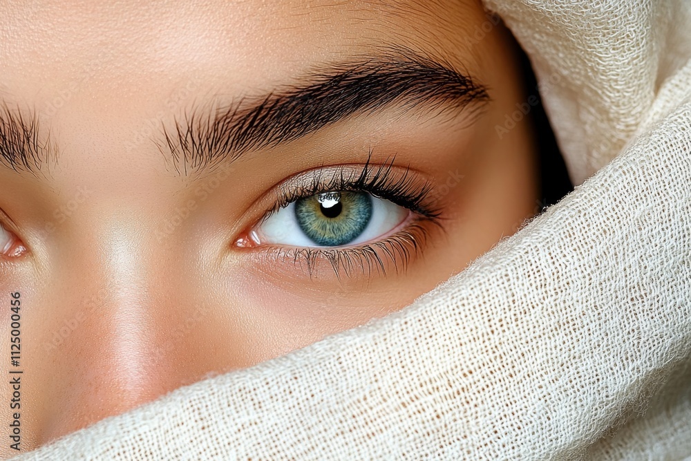 Poster a close-up of a woman face hidden beneath translucent tissue, focusing on the delicate interplay of 