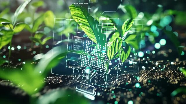 A farm equipped with sensors and cameras connected to 5G constantly monitoring the growth of crops and providing valuable data on soil quality sunlight exposure and temperature.