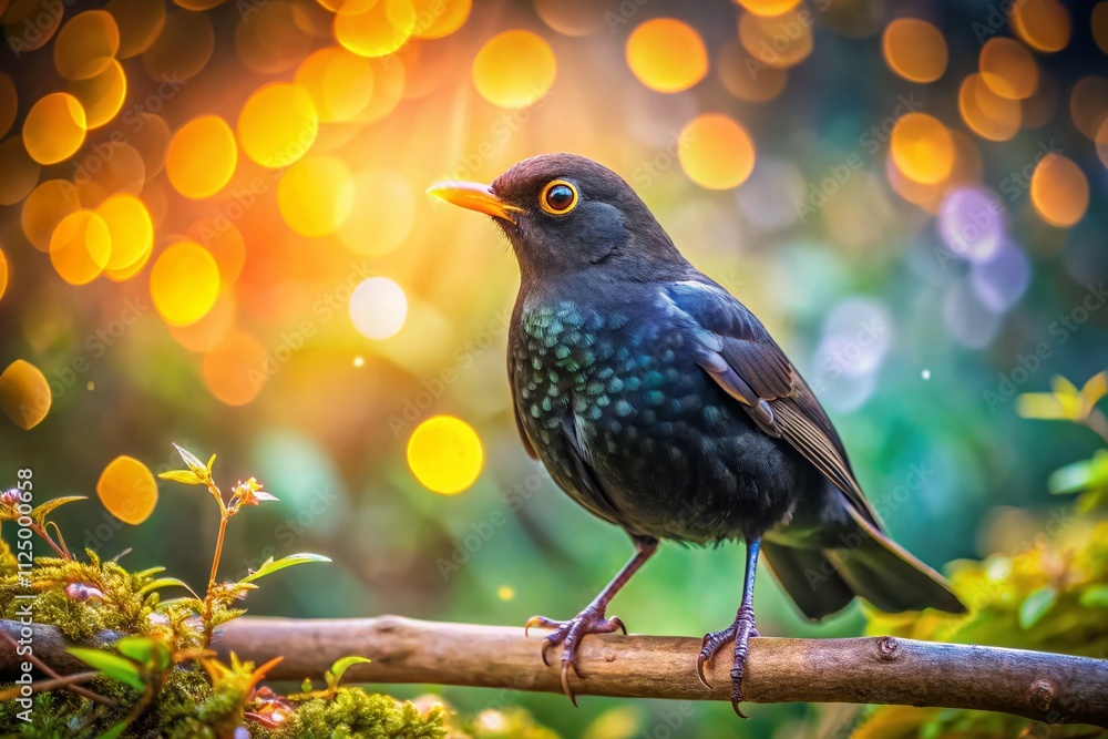 Poster close-up of a blackbird with bokeh effect showcasing vibrant feathers and natural habitat in soft fo