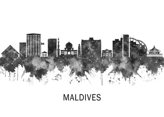 Obraz premium Maldives Skyline BW, landscape watercolor abstract painting travel illustration urban art modern downtown landmarks skyscrapers artwork