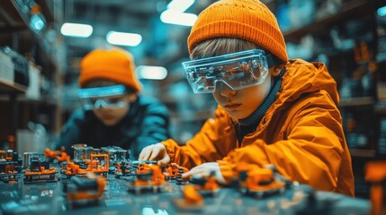 Obraz premium Kids in Future Tech AR Glasses Building