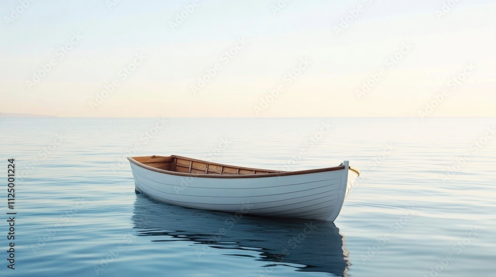 Aufkleber A lone wooden boat floats serenely on tranquil waters, reflecting the soft hues of a sunset sky, providing space for additional text. Generative AI