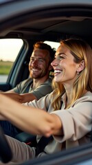 Happy couple enjoying a scenic drive, smiling and engaging with each other