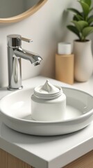 Fototapeta premium Elegant white cream jar on a stylish bathroom sink with modern decor elements