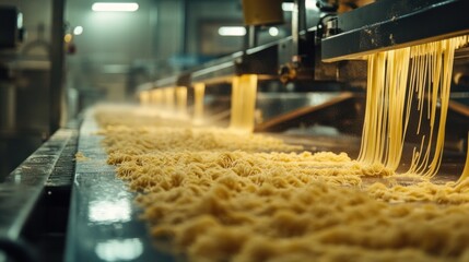 Pasta factory line extruding noodles, cutting them into equal lengths, flour dust lightly visible in warm overhead lights