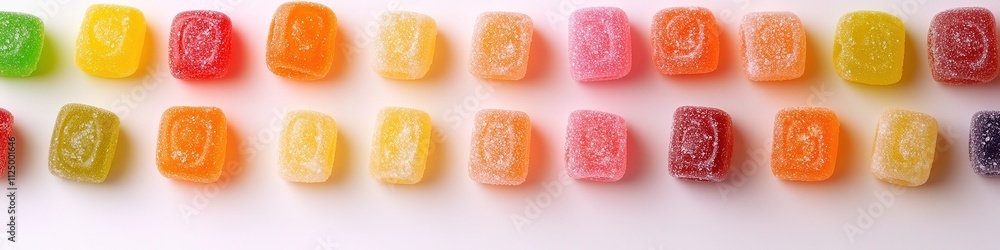 Poster array of colorful hard candies arranged in circular pattern on clean white background