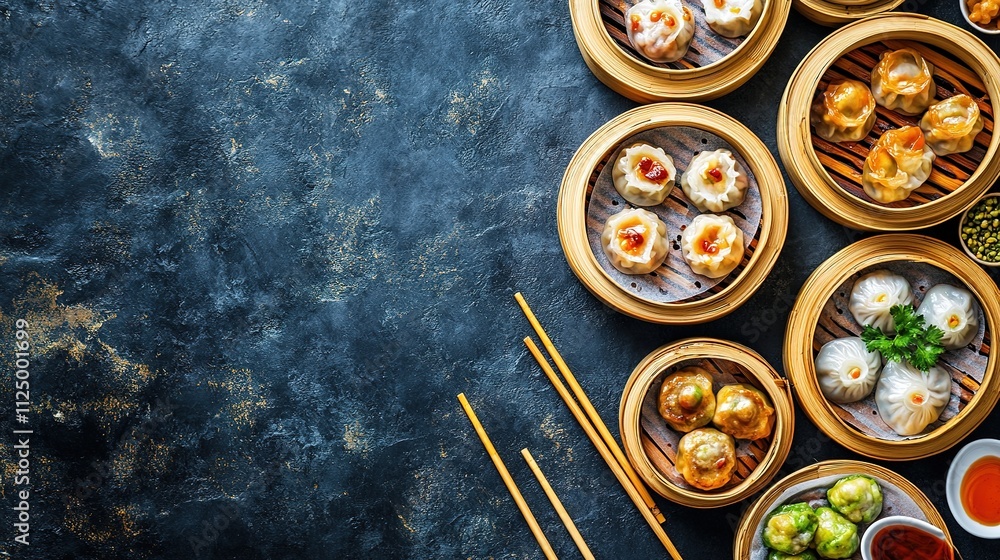 Poster elegant spread of dim sum in bamboo steamers styled on dark slate background with chopsticks