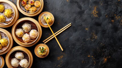 elegant spread of dim sum in bamboo steamers styled on dark slate background with chopsticks