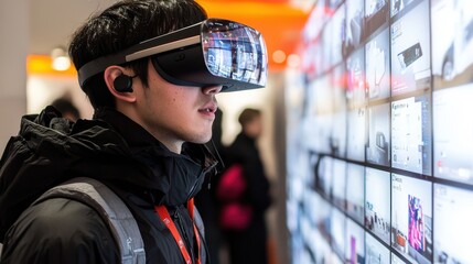 Man Using VR Headset, Experiencing Virtual Reality