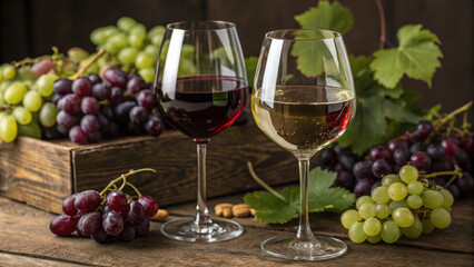 Red and White Wine with Grapes on Wooden Table