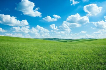 Fototapeta premium peaceful country field with rolling hills and a clear blue sky, Generative AI