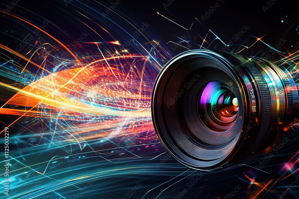Poster creative artistic rendering of camera lens surrounded by dynamic light trails and abstract shapes