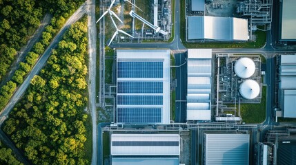 Aerial view of industrial complex with solar panels and wind turbine.