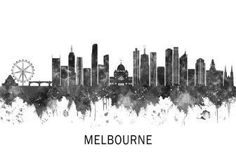 Obraz premium Melbourne Australia Skyline BW, landscape watercolor abstract painting travel illustration urban art modern downtown landmarks skyscrapers artwork