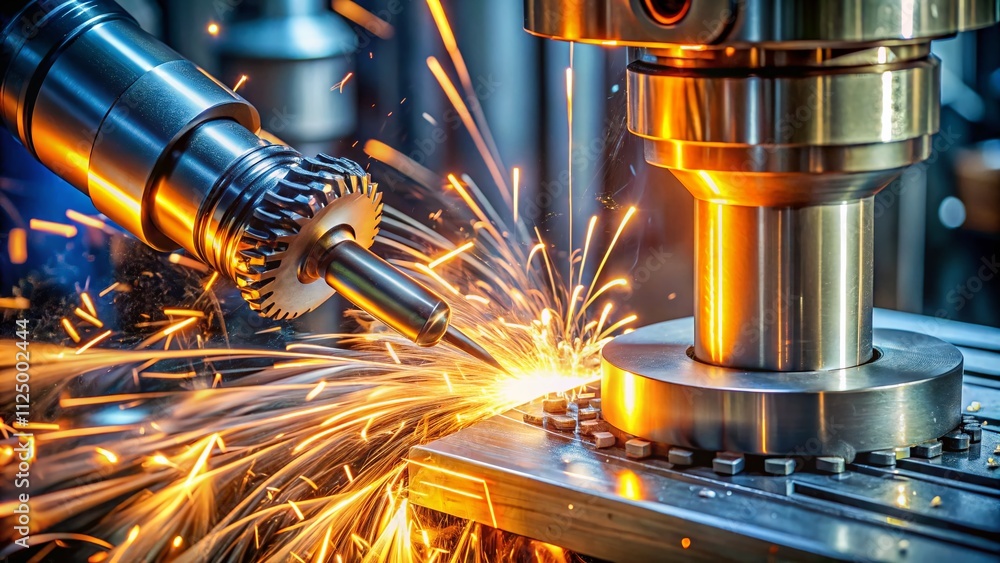 Poster closeup of a cnc machine in action, drilling a metal gear with flying sparks, showcasing precision e