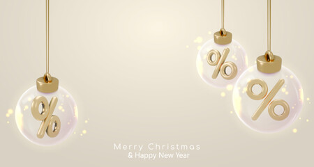 Banner with realistic 3d glass Christmas balls with golden percent inside. Happy New Year Vector illustration for card, party, design, flyer, banner, web, advertising. Christmas sale. Black friday