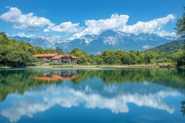 Fototapeta premium lakeside with a reflection of the sky and mountains, Generative AI