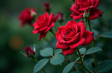 Bush large red roses, blooming flower outside in garden, close-up. AI Generative