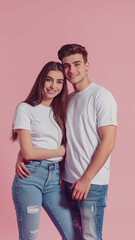 Fototapeta premium A couple standing, embracing, in white T-shirts and worn blue jeans. Romantic love and valentine's day concept.
