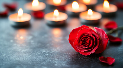 Fototapeta premium Romantic Red Rose with Candlelight and Petals on a Dark Background for Love and Intimacy