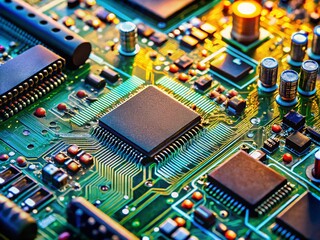 Obraz premium Close Up of a Computer Circuit Board with Detailed Components, Vivid Colors, and Clear Copy Space for Technology and Innovation Themes