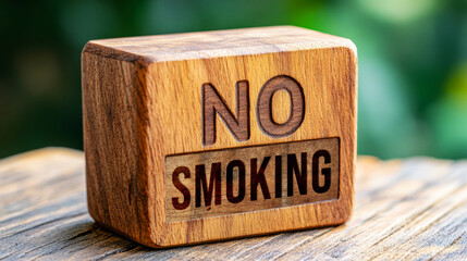 Wooden block with carved message 'NO SMOKING' on a blurred green background