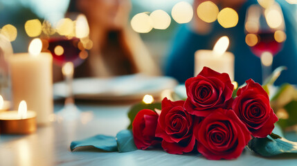 Obraz premium Romantic Dinner Setting with Red Roses, Soft Candles, and Blurred Background Lights