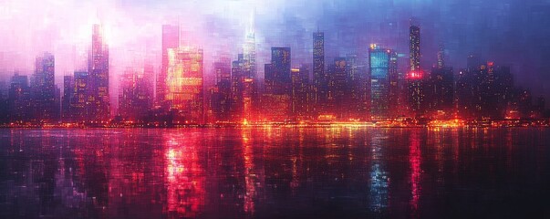 Fototapeta premium pixelated city skyline at night with lights and reflections, Generative AI