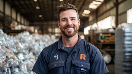 Caucasian male adult smiling in warehouse with recycled materials and industrial background