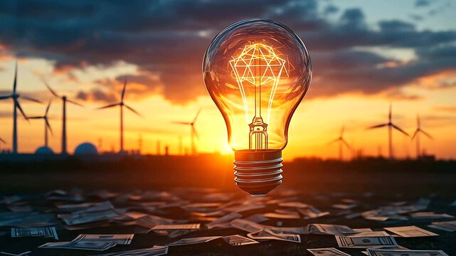 A massive light bulb towering over scattered dollar signs, symbolizing cost savings, with nuclear and hydroelectric plants, solar panels, and wind turbines in the distance under a