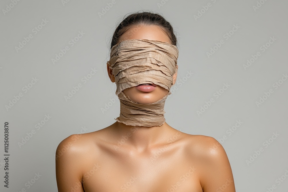 Poster a dramatic image of a woman with tissue covering her face, evoking a sense of enigma and artistic ab