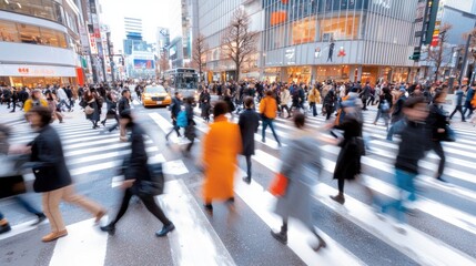 Obraz premium Busy urban crosswalk filled with pedestrians during the day in a vibrant city setting
