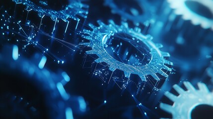 Tech Gears in Motion with an Abstract Blue Digital Background