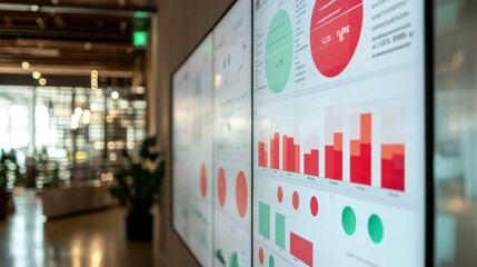 Predictive analytics software visualized on a large wall display, red and green indicators showing production health