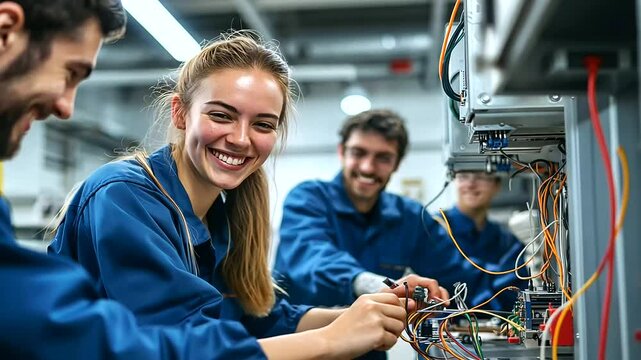 Young electrician students in blue overalls, smiling as they work together on wiring practice, surrounded by tools and electrical panels in a well-lit workshop.