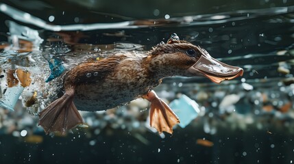 Obraz premium Distressed platypus surrounded by chemical runoff and microplastics, close-up environmental conservation image