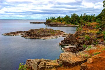 Valaam Island. The picturesque shore of Lake Ladoga. Forest, cliffs and beach. Northern nature.