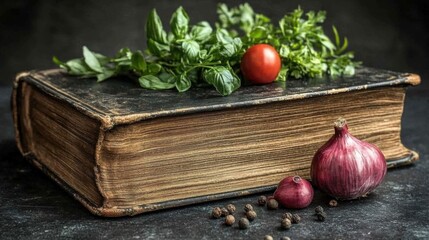 An antique book sits on a dark surface, adorned with fresh herbs, a cherry tomato, and red onions, evoking a rustic culinary theme.