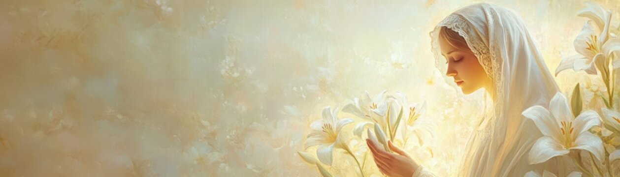 Sacred Annunciation captured in pastel tones, Gabriel glowing with lilies, serene reverence of Mary exuding vintage beauty