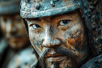 Close-up of a bronze sculpture depicting an ancient Asian warrior, with a detailed face, helmet, and armor, capturing the historical and cultural significance of the warrior spirit